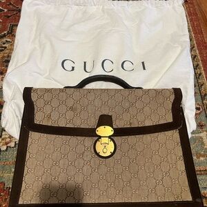 Gucci Beige GG Canvas Briefcase with Brown Trim and Gold Hardware
